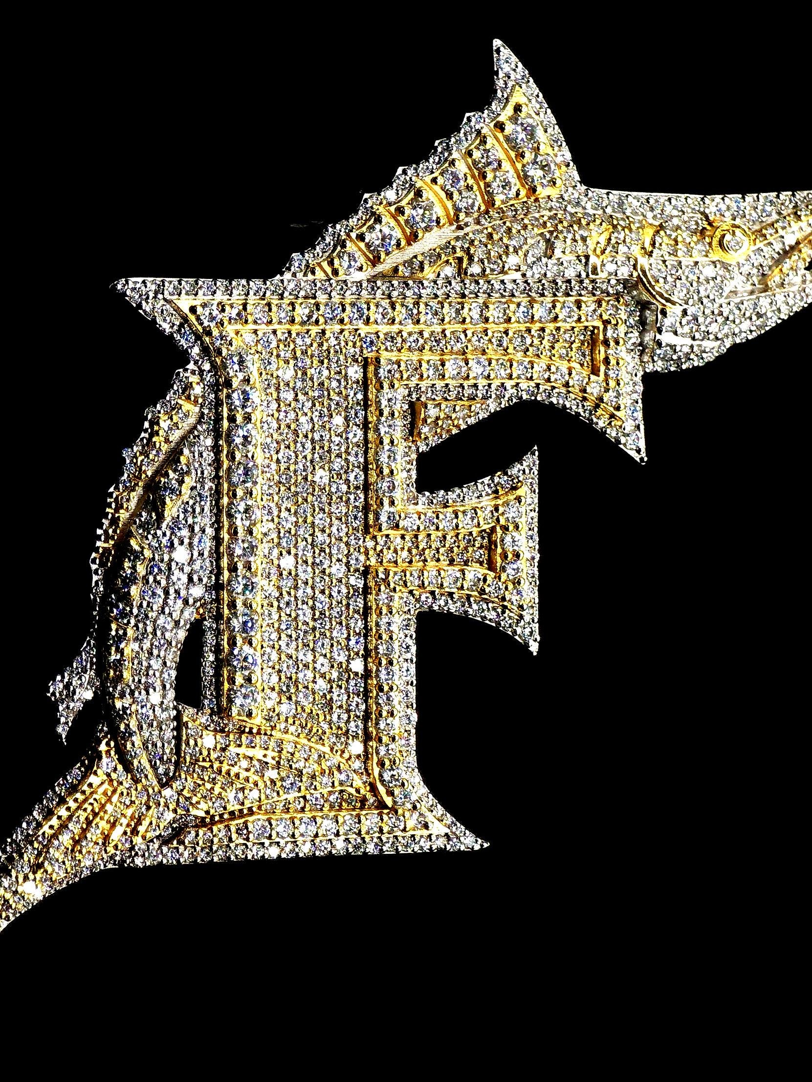 Letter F Swordfish Pendant, Iced Out Marlin, VVS Moissanite/Lab Diamond, 925 Silver or 10K Gold, Two-Tone Hip Hop Jewelry