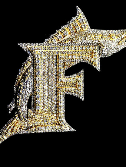 Letter F Swordfish Pendant, Iced Out Marlin, VVS Moissanite/Lab Diamond, 925 Silver or 10K Gold, Two-Tone Hip Hop Jewelry