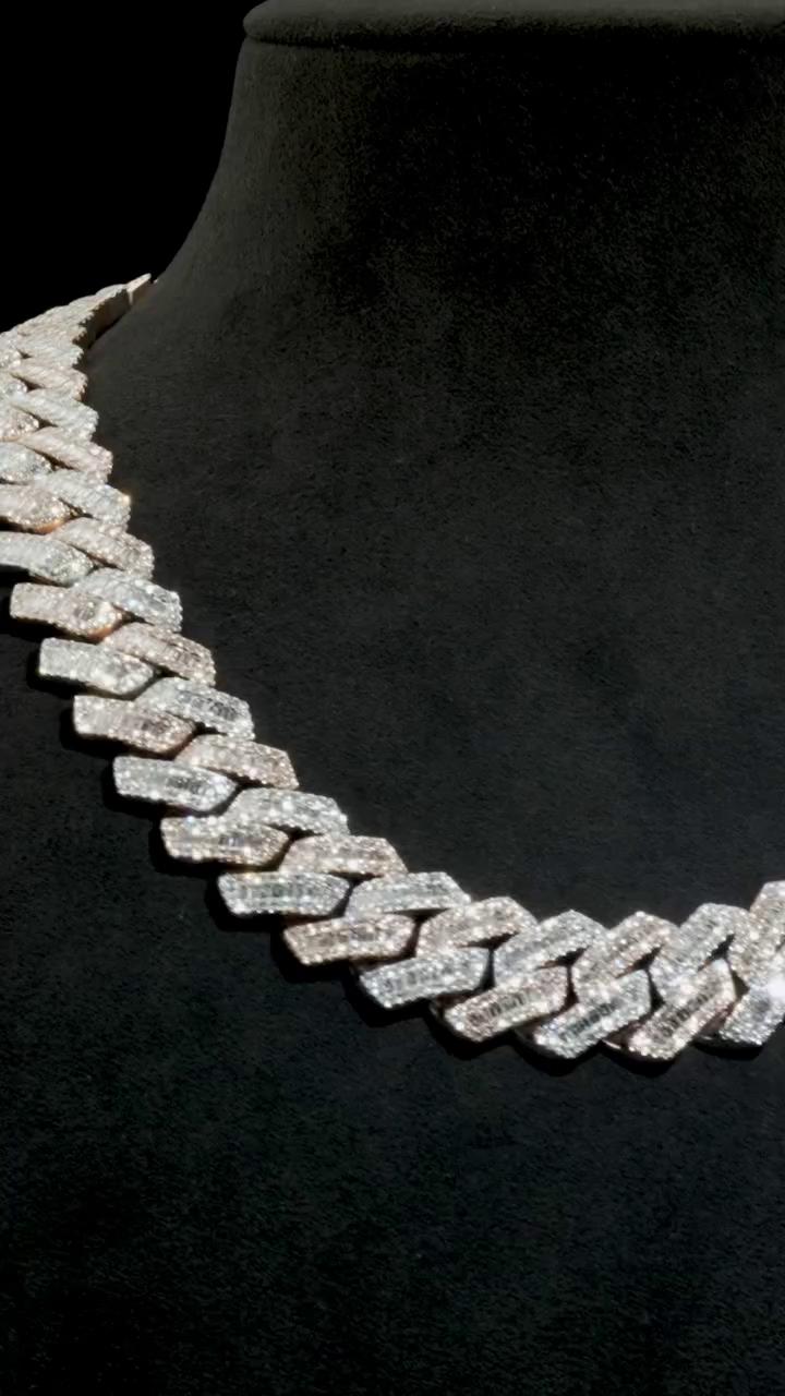 22mm Miami Cuban Link Prong Chain, VVS1 Quality Baguette and Round Moissanite, Pass Diamond Tester, Heavy Quality 925 Sterling Silver