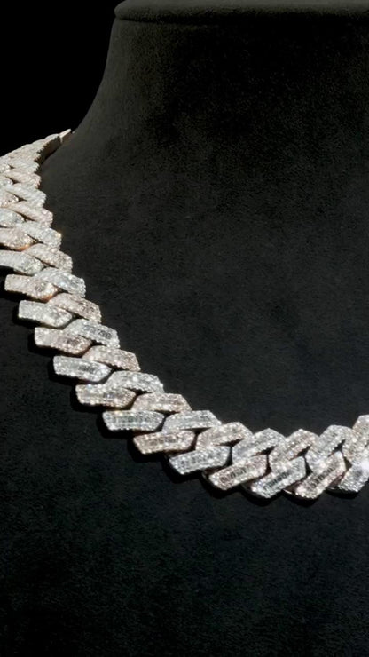 22mm Miami Cuban Link Prong Chain, VVS1 Quality Baguette and Round Moissanite, Pass Diamond Tester, Heavy Quality 925 Sterling Silver