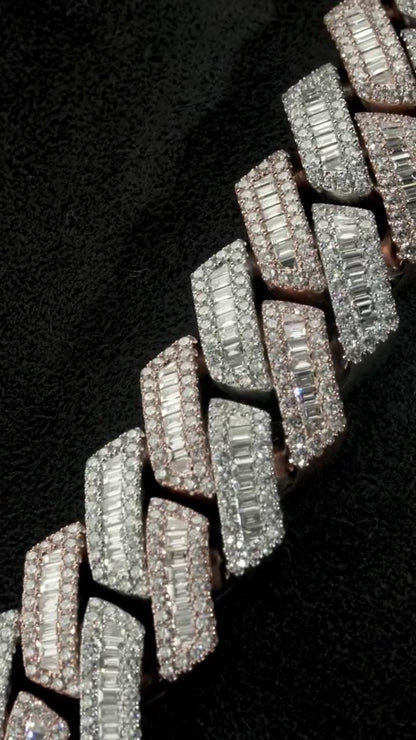 22mm Miami Cuban Link Prong Chain, VVS1 Quality Baguette and Round Moissanite, Pass Diamond Tester, Heavy Quality 925 Sterling Silver