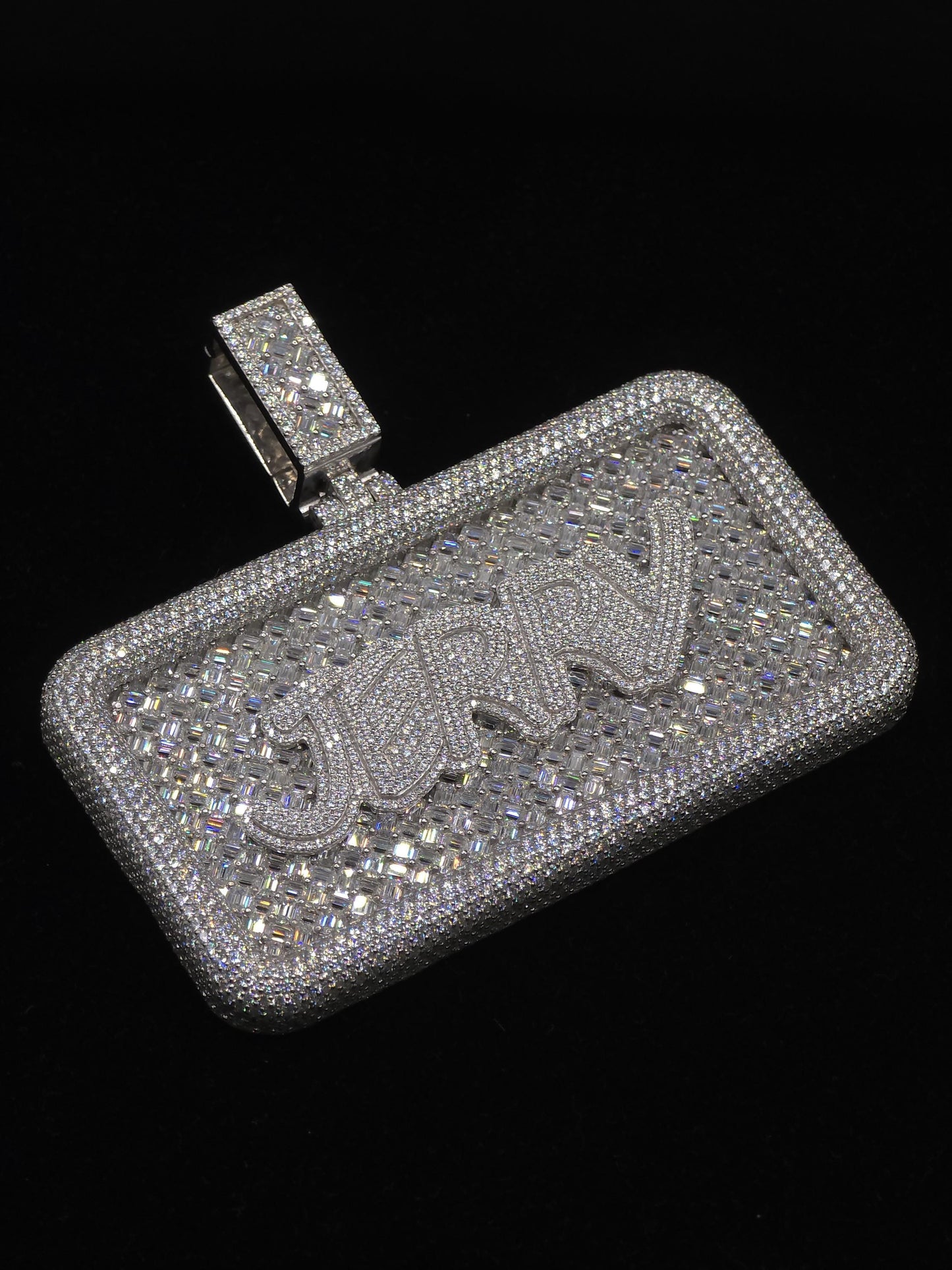 Custom VVS1 Moissanite Pendant | Zig Zag Set Emerald cut Moissanite Diamonds | Rhodium Plated 925 Sterling Silver | Diamond Tester Approved