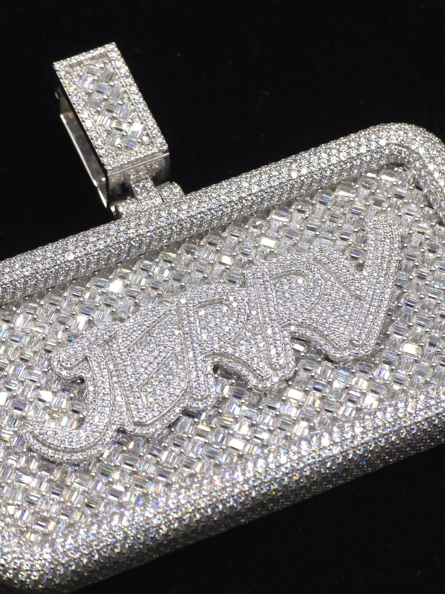 Custom VVS1 Moissanite Pendant | Zig Zag Set Emerald cut Moissanite Diamonds | Rhodium Plated 925 Sterling Silver | Diamond Tester Approved