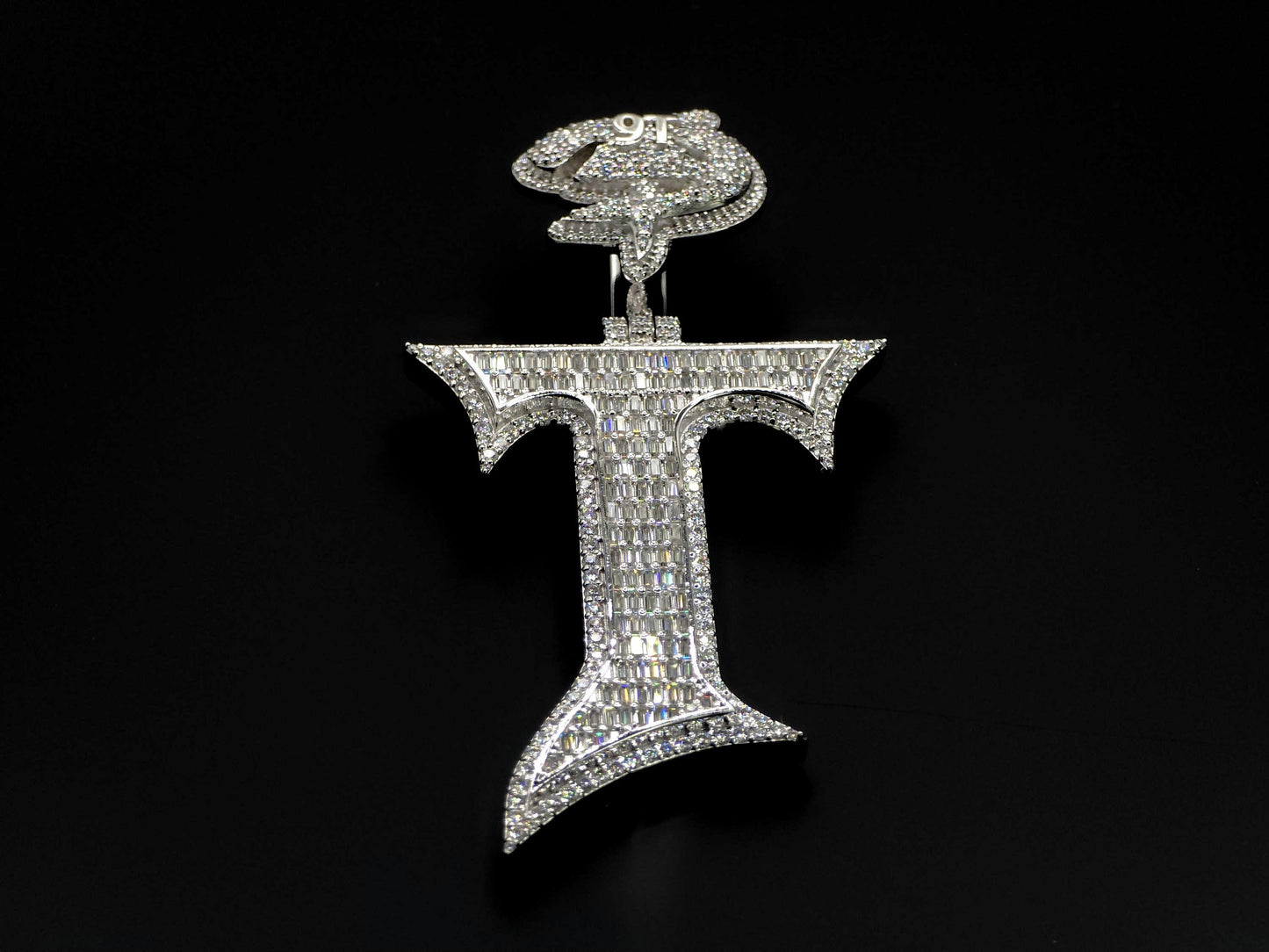 Baguette cut VVS1 Moissanite Letter "T" Pendant, Iced out Chunky Pendant, Custom Alphabet/Letter, 925 Sterling Silver/10k, Hip Hop Pendant