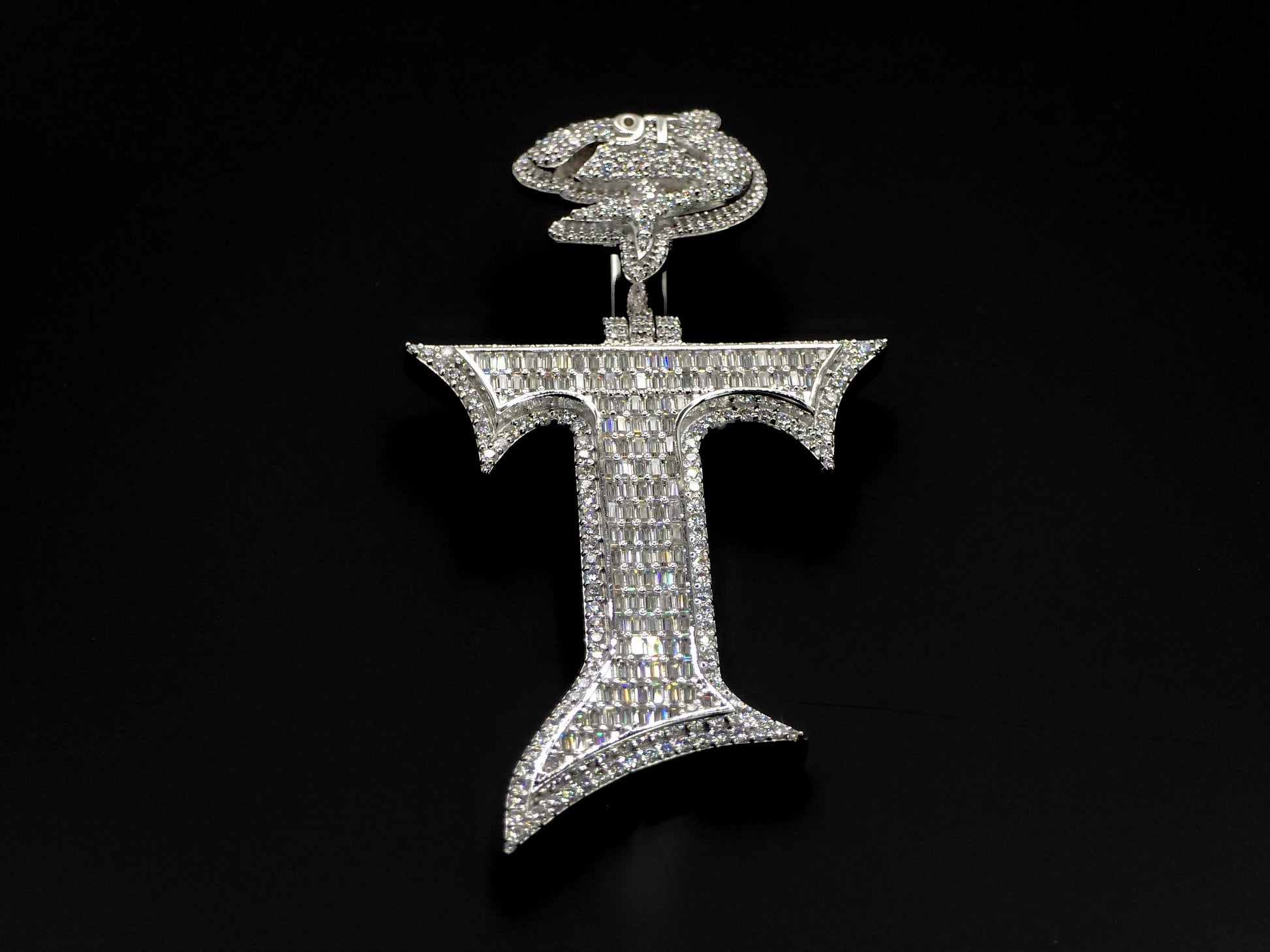 Baguette cut VVS1 Moissanite Letter "T" Pendant, Iced out Chunky Pendant, Custom Alphabet/Letter, 925 Sterling Silver/10k, Hip Hop Pendant