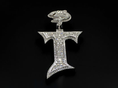 Baguette cut VVS1 Moissanite Letter "T" Pendant, Iced out Chunky Pendant, Custom Alphabet/Letter, 925 Sterling Silver/10k, Hip Hop Pendant