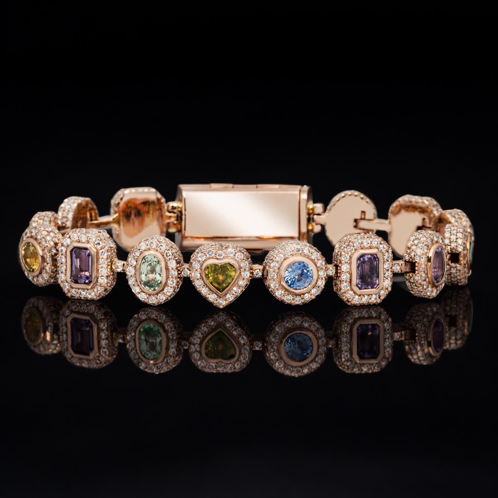 Rainbow Gemstone Tennis Bracelet | Multi-Shape Gemstones with Moissanite Halo | Sterling Silver Luxury Jewelry