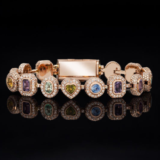 Rainbow Gemstone Tennis Bracelet | Multi-Shape Gemstones with Moissanite Halo | Sterling Silver Luxury Jewelry