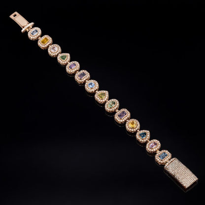 Rainbow Gemstone Tennis Bracelet | Multi-Shape Gemstones with Moissanite Halo | Sterling Silver Luxury Jewelry