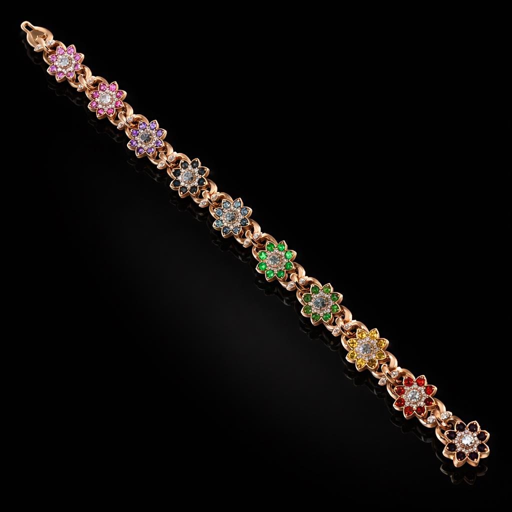13mm Moissanite Flower Link Bracelet | Rainbow Gemstone Bracelet | 925 Silver Rose Gold Hip Hop Jewelry
