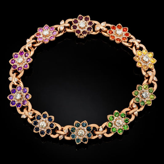 13mm Moissanite Flower Link Bracelet | Rainbow Gemstone Bracelet | 925 Silver Rose Gold Hip Hop Jewelry
