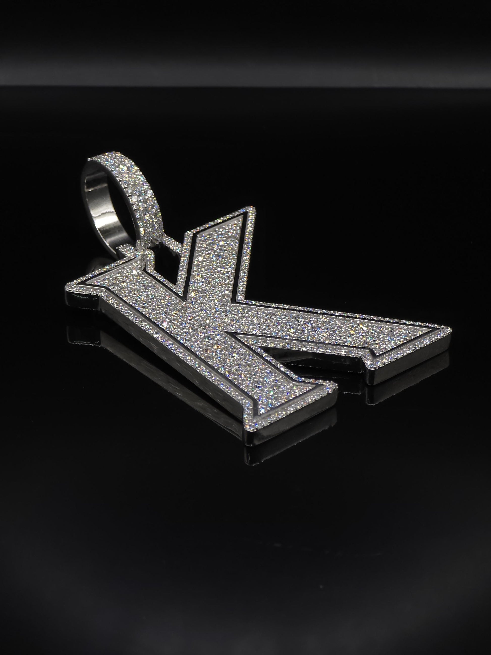 VVS1 Moissanite Layered Letter "K" Pendant, Iced out Chunky Pendant, Custom Letter, 925 Sterling Silver, Hip Hop Pendant