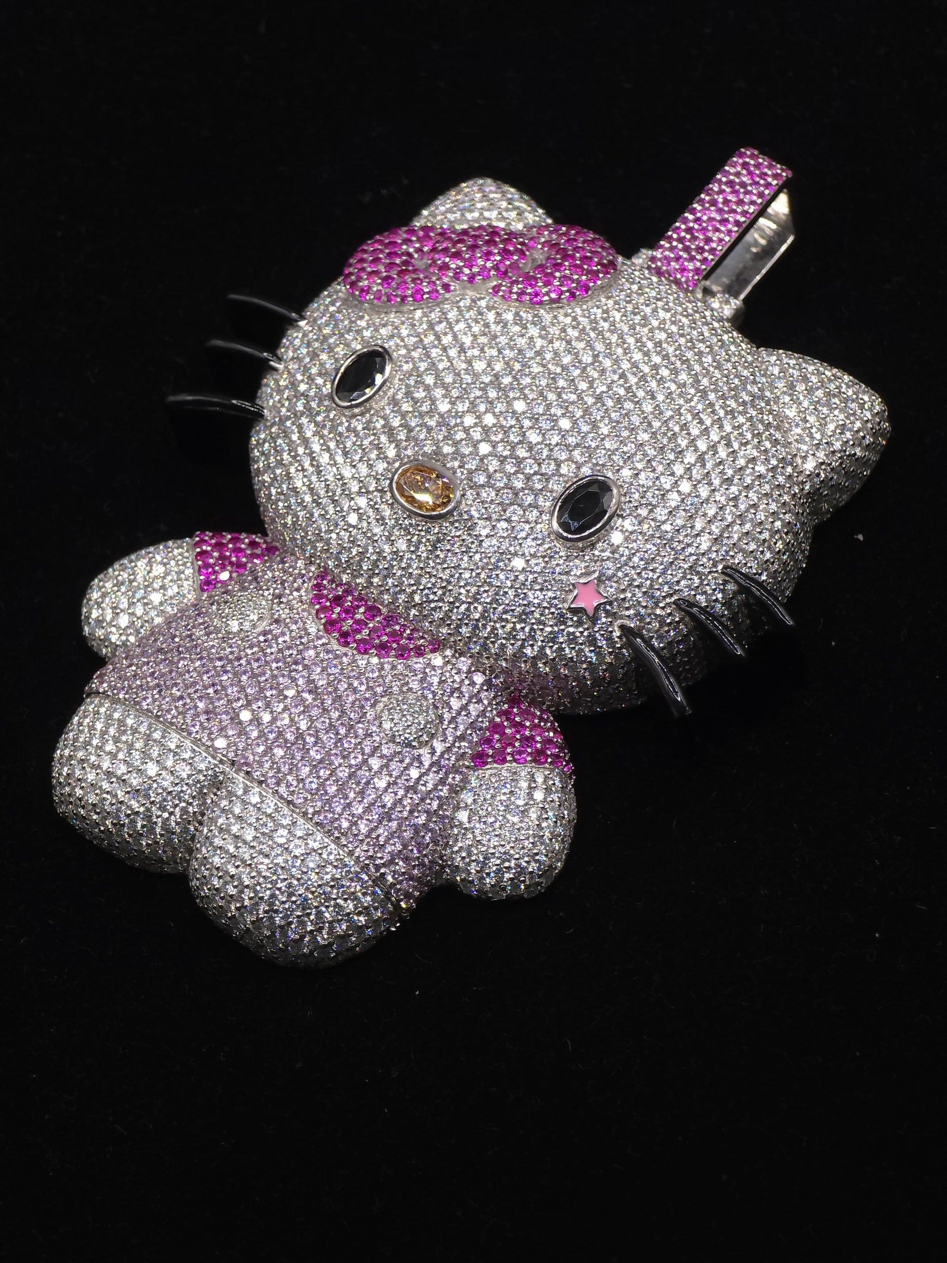 3" Fully Iced Cartoon Cat VVS Moissanite Diamond Pendant, Passes Diamond Test, Icy Hip Hop Pendant, Solid Back