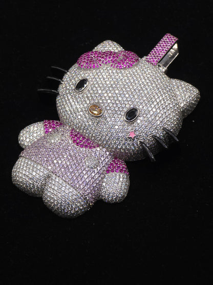 3" Fully Iced Cartoon Cat VVS Moissanite Diamond Pendant, Passes Diamond Test, Icy Hip Hop Pendant, Solid Back
