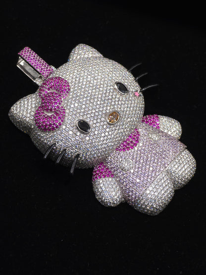 3" Fully Iced Cartoon Cat VVS Moissanite Diamond Pendant, Passes Diamond Test, Icy Hip Hop Pendant, Solid Back
