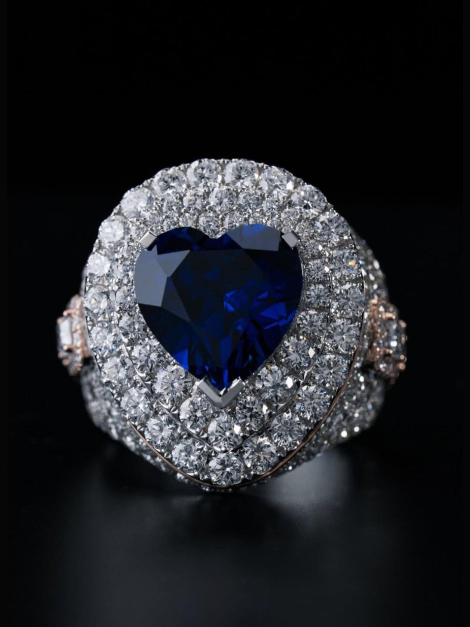 5ct Heart-Shaped Blue Sapphire and Emerald Cut Accent Stones Iced-Out Ring - White & Rose Gold Finish, Luxury Hip-Hop Bling