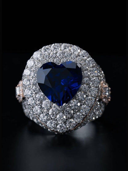 5ct Heart-Shaped Blue Sapphire and Emerald Cut Accent Stones Iced-Out Ring - White & Rose Gold Finish, Luxury Hip-Hop Bling