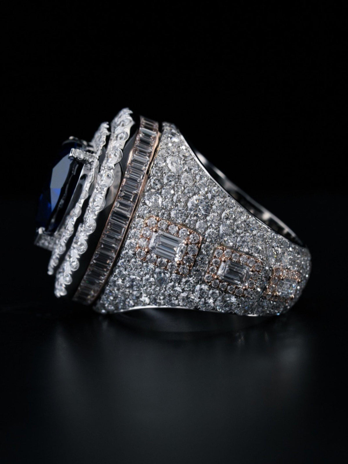 5ct Heart-Shaped Blue Sapphire and Emerald Cut Accent Stones Iced-Out Ring - White & Rose Gold Finish, Luxury Hip-Hop Bling