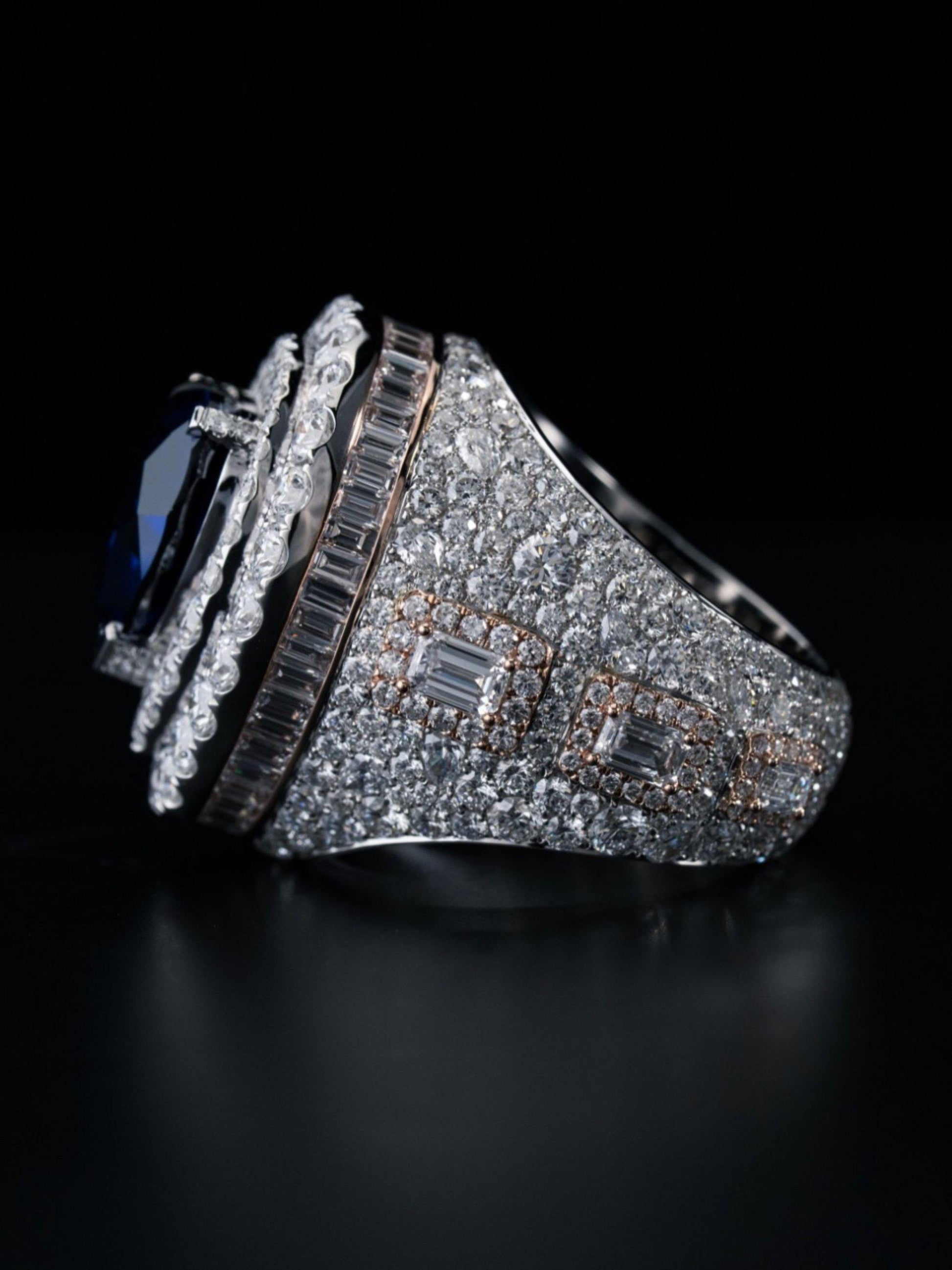 5ct Heart-Shaped Blue Sapphire and Emerald Cut Accent Stones Iced-Out Ring - White & Rose Gold Finish, Luxury Hip-Hop Bling