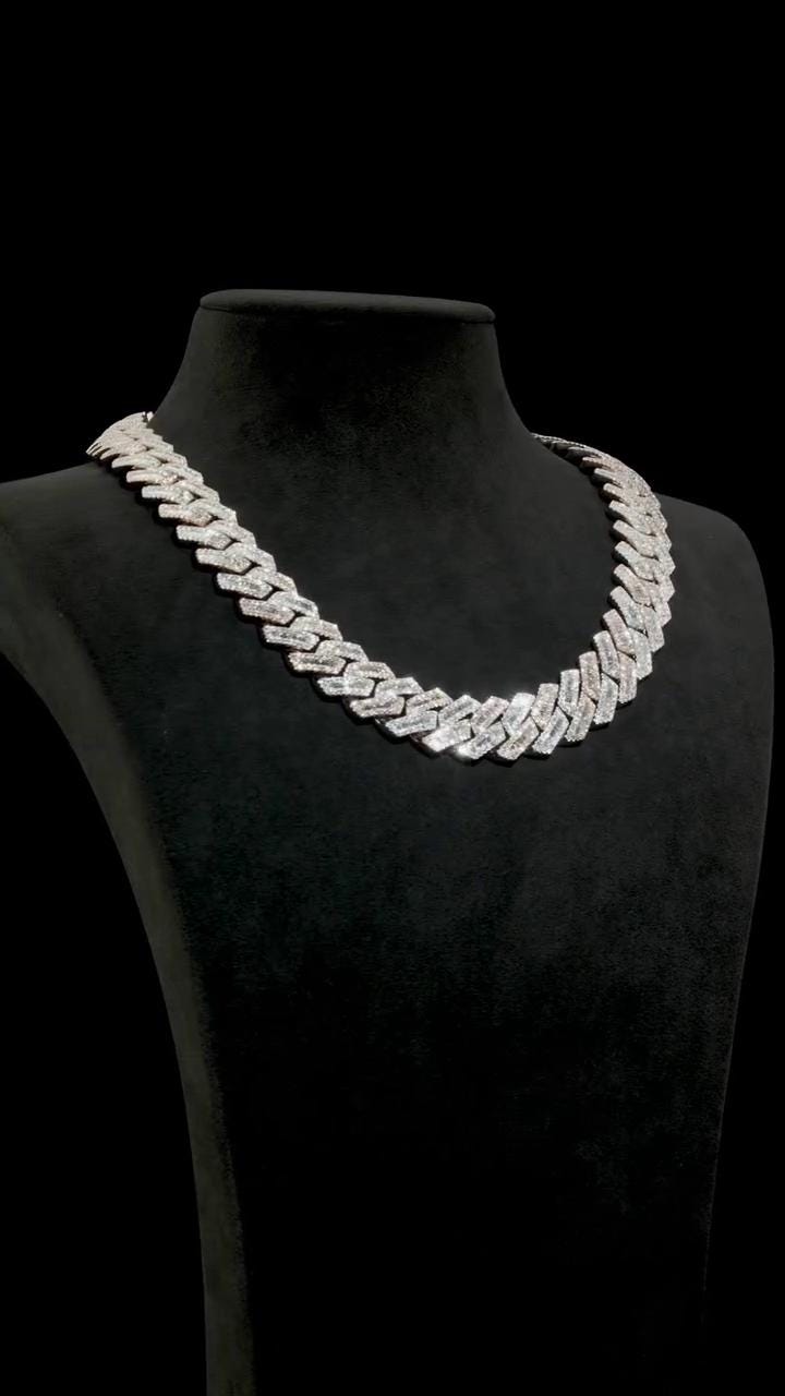 22mm Miami Cuban Link Prong Chain, VVS1 Quality Baguette and Round Moissanite, Pass Diamond Tester, Heavy Quality 925 Sterling Silver