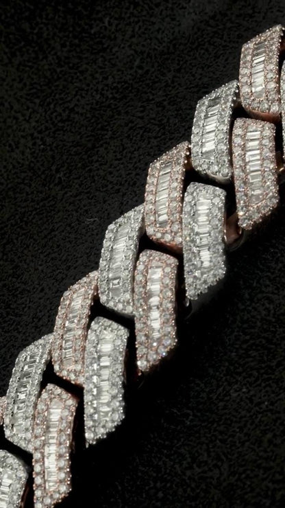 22mm Miami Cuban Link Prong Chain, VVS1 Quality Baguette and Round Moissanite, Pass Diamond Tester, Heavy Quality 925 Sterling Silver