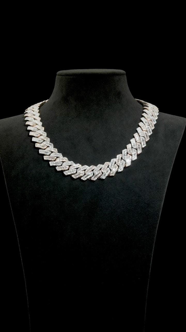 22mm Miami Cuban Link Prong Chain, VVS1 Quality Baguette and Round Moissanite, Pass Diamond Tester, Heavy Quality 925 Sterling Silver