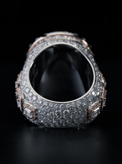 5ct Heart-Shaped Blue Sapphire and Emerald Cut Accent Stones Iced-Out Ring - White & Rose Gold Finish, Luxury Hip-Hop Bling