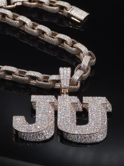 Custom Two Letter Moissanite Pendant | VVS1 Iced Initial Necklace | Rose Gold Plated 925 Silver Hip Hop Jewelry