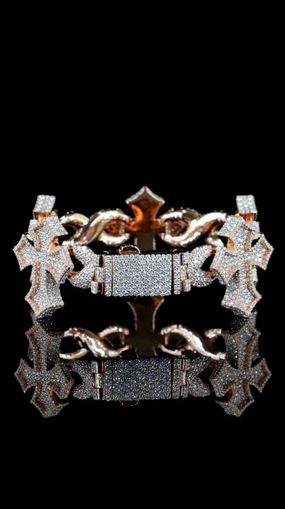 Iced Out Cross Link Bracelet, VVS1 Moissanite Pass Diamond Test, 925 Silver or 10K Gold Hip Hop Jewelry, Luxury Bling for Men & Women