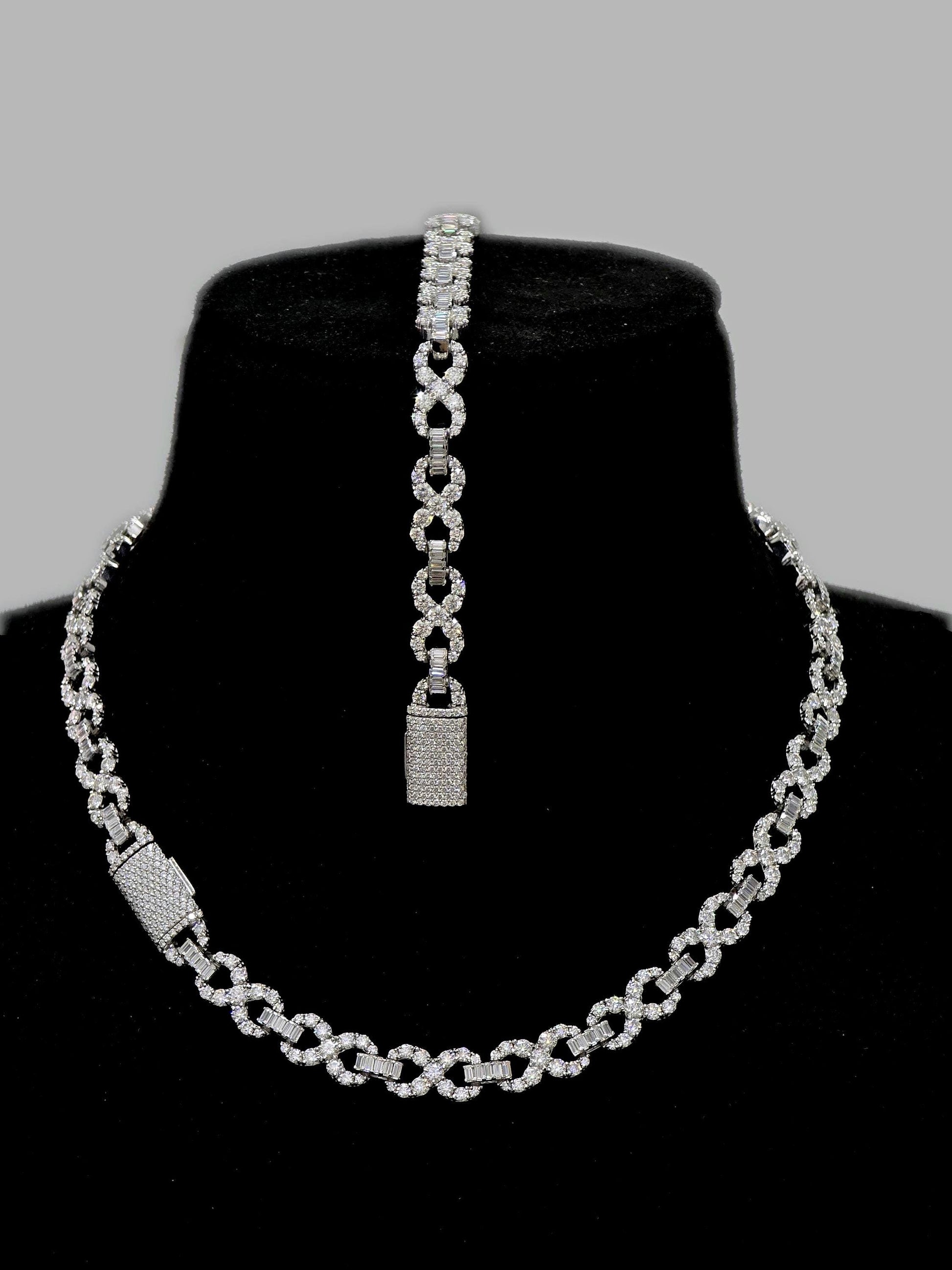 Infinity Link Chain 10mm, VVS1 Quality Round and Emerald-cut Moissanite Diamond, Pass Diamond Tester