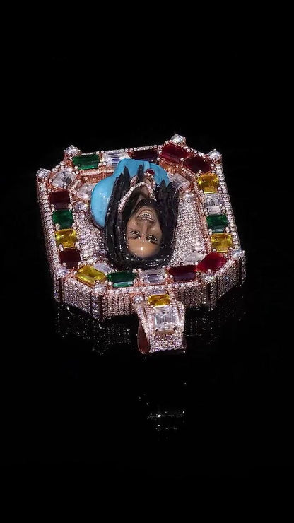 Custom 3D Portrait Pendant, Iced Out Moissanite Medallion, Rose Gold 925 Silver, Lab Gemstone Frame, Solid Back