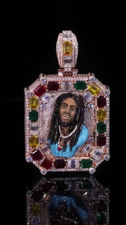 Custom 3D Portrait Pendant, Iced Out Moissanite Medallion, Rose Gold 925 Silver, Lab Gemstone Frame, Solid Back