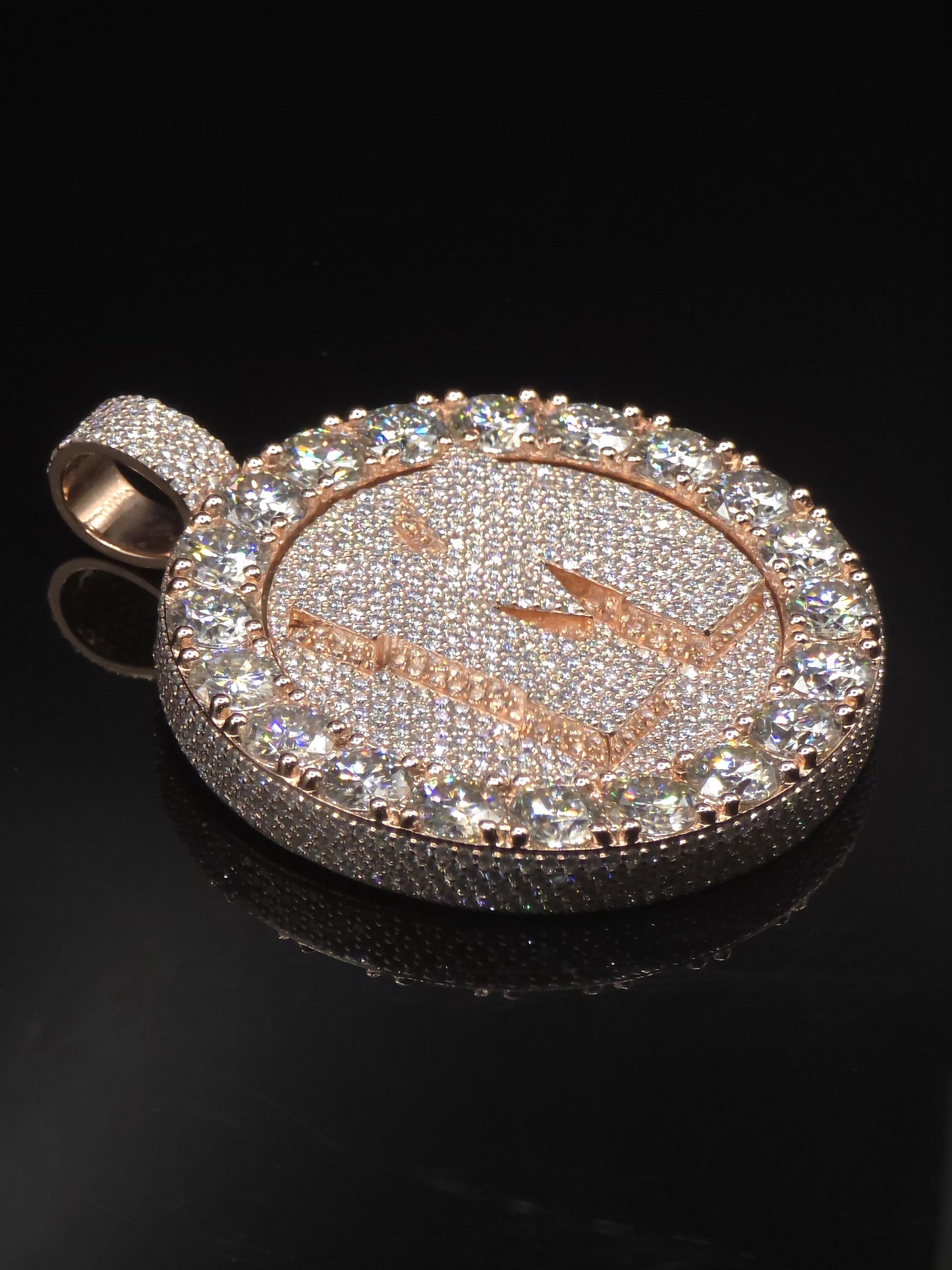Custom Spinning Initial Pendant, 2 Inch Iced Out Letter Pendant, VVS1 D Color Moissanite, Rose Gold 925 Silver Hip Hop Charm