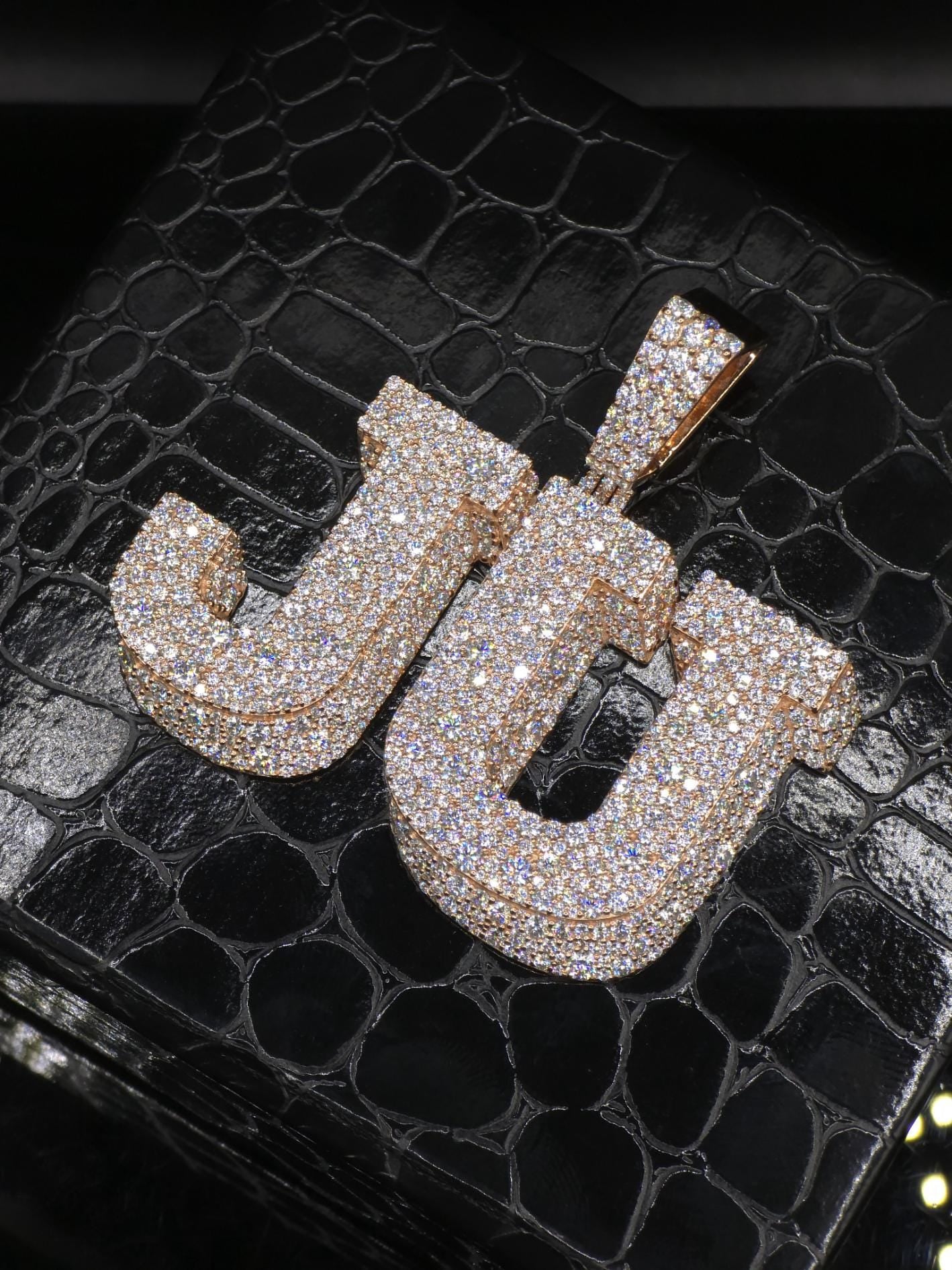 Custom Two Letter Moissanite Pendant | VVS1 Iced Initial Necklace | Rose Gold Plated 925 Silver Hip Hop Jewelry
