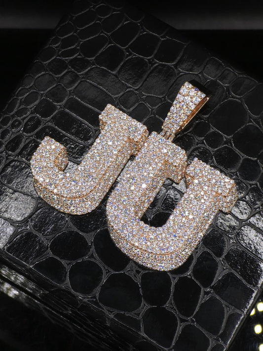 Custom Two Letter Moissanite Pendant | VVS1 Iced Initial Necklace | Rose Gold Plated 925 Silver Hip Hop Jewelry