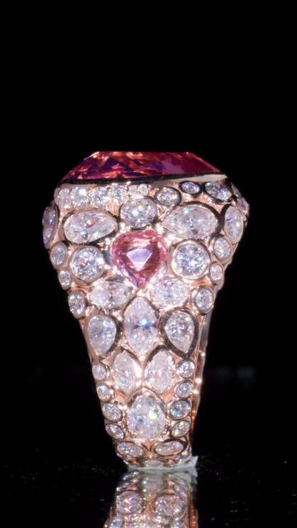8 Carat Pink Heart Moissanite Pinky Ring, Rose Gold Iced Out Hip Hop Ring, Pear & Marquise Cluster Bling, Rapper Statement Jewelry