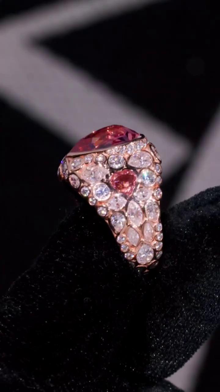 8 Carat Pink Heart Moissanite Pinky Ring, Rose Gold Iced Out Hip Hop Ring, Pear & Marquise Cluster Bling, Rapper Statement Jewelry