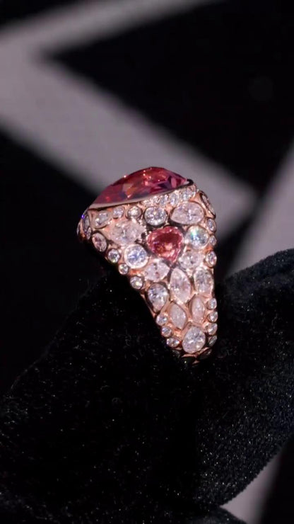 8 Carat Pink Heart Moissanite Pinky Ring, Rose Gold Iced Out Hip Hop Ring, Pear & Marquise Cluster Bling, Rapper Statement Jewelry