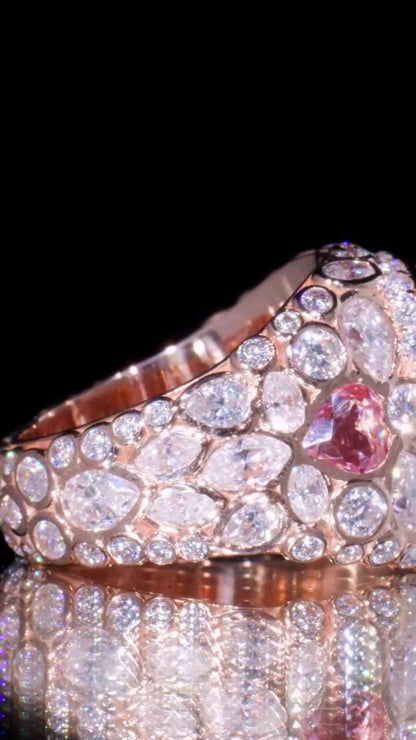 8 Carat Pink Heart Moissanite Pinky Ring, Rose Gold Iced Out Hip Hop Ring, Pear & Marquise Cluster Bling, Rapper Statement Jewelry
