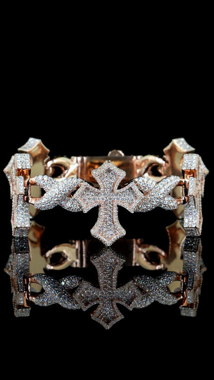 Iced Out Cross Link Bracelet, VVS1 Moissanite Pass Diamond Test, 925 Silver or 10K Gold Hip Hop Jewelry, Luxury Bling for Men & Women