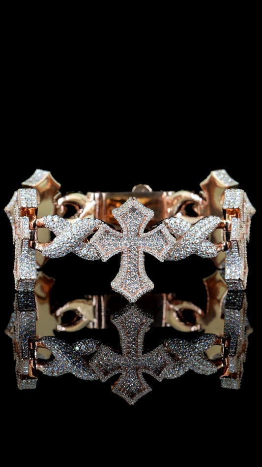 Iced Out Cross Link Bracelet, VVS1 Moissanite Pass Diamond Test, 925 Silver or 10K Gold Hip Hop Jewelry, Luxury Bling for Men & Women