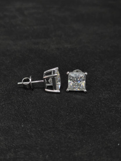 7mm Princess Cut Moissanite Stud Earrings, D Color VVS1, 925 Sterling Silver, Screw Back, Iced Out Diamond Studs for Men & Women