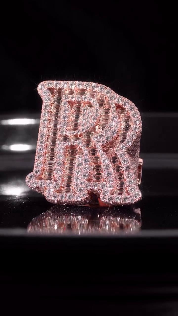 Iced Out Letter "RR" Ring for Men in 925 Silver/10K Gold | Custom Hip Hop Initial Ring | Lab Diamond Hip Hop Ring