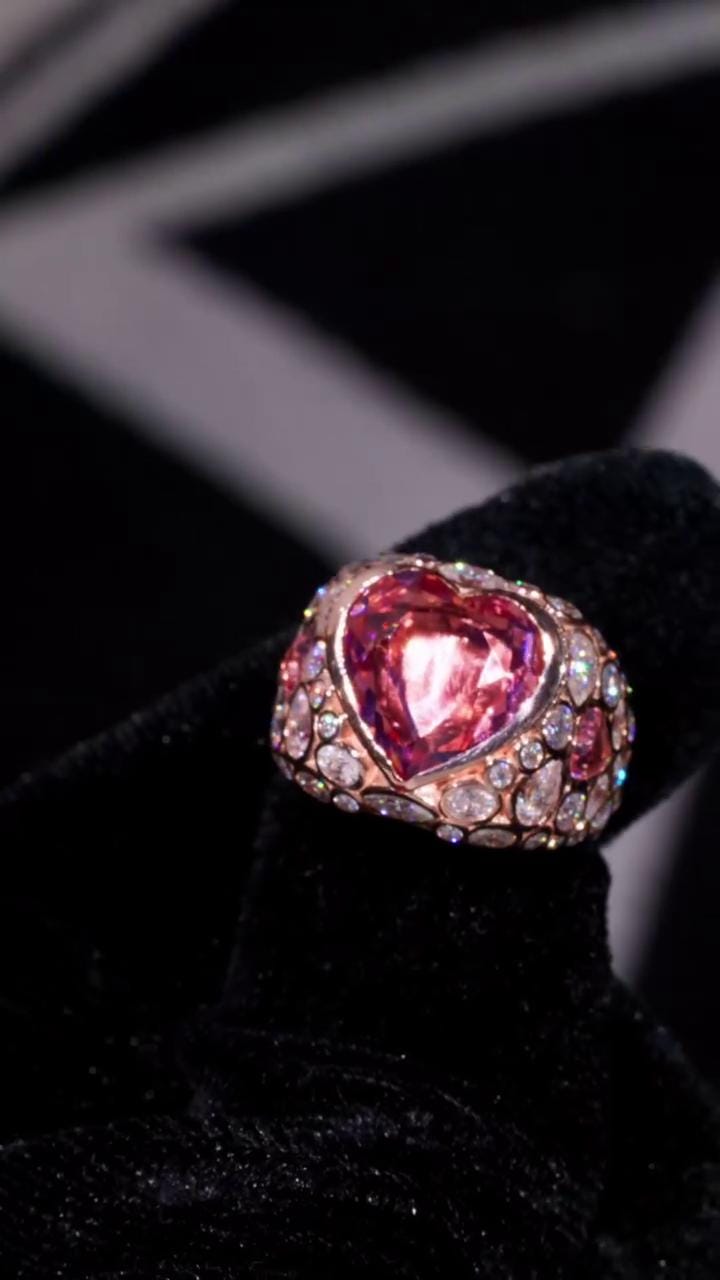 8 Carat Pink Heart Moissanite Pinky Ring, Rose Gold Iced Out Hip Hop Ring, Pear & Marquise Cluster Bling, Rapper Statement Jewelry