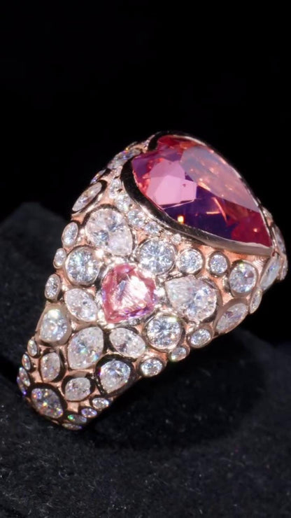 8 Carat Pink Heart Moissanite Pinky Ring, Rose Gold Iced Out Hip Hop Ring, Pear & Marquise Cluster Bling, Rapper Statement Jewelry