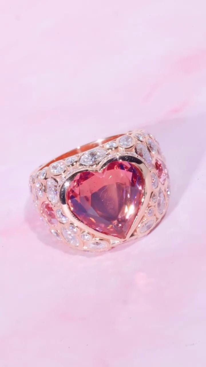 8 Carat Pink Heart Moissanite Pinky Ring, Rose Gold Iced Out Hip Hop Ring, Pear & Marquise Cluster Bling, Rapper Statement Jewelry