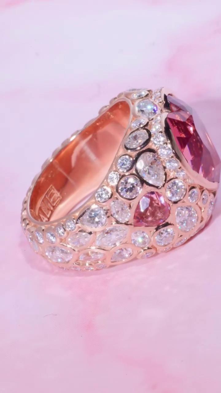 8 Carat Pink Heart Moissanite Pinky Ring, Rose Gold Iced Out Hip Hop Ring, Pear & Marquise Cluster Bling, Rapper Statement Jewelry