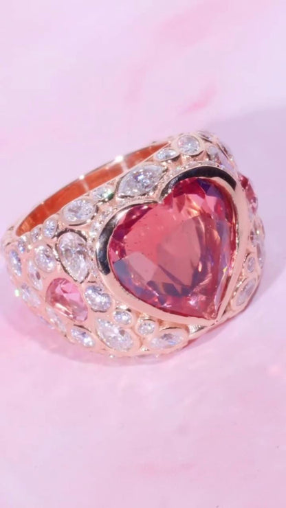 8 Carat Pink Heart Moissanite Pinky Ring, Rose Gold Iced Out Hip Hop Ring, Pear & Marquise Cluster Bling, Rapper Statement Jewelry