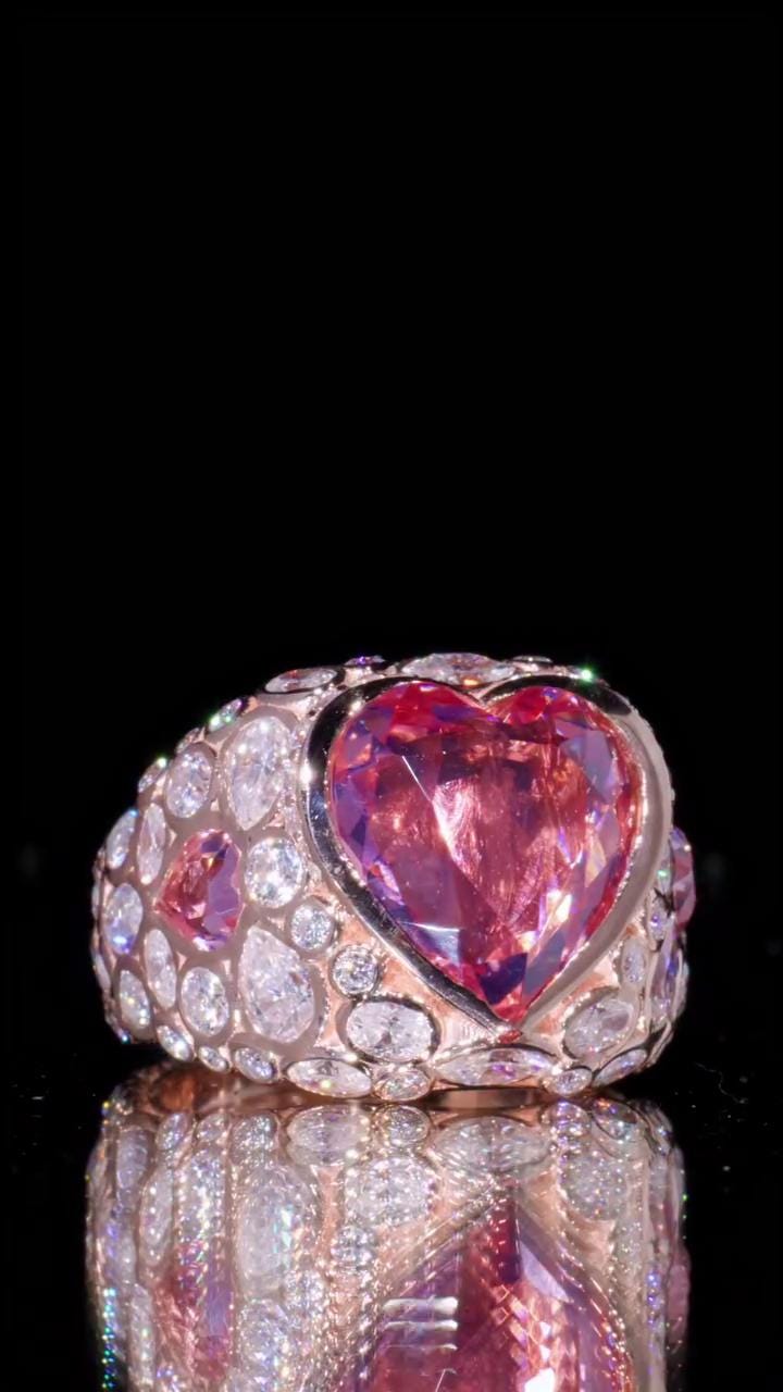 8 Carat Pink Heart Moissanite Pinky Ring, Rose Gold Iced Out Hip Hop Ring, Pear & Marquise Cluster Bling, Rapper Statement Jewelry