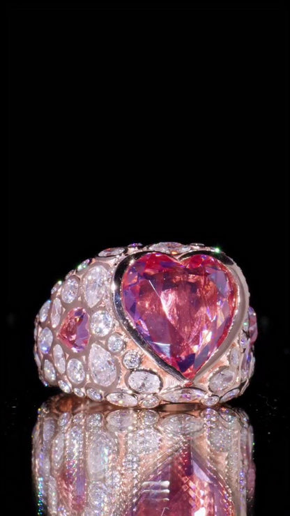 8 Carat Pink Heart Moissanite Pinky Ring, Rose Gold Iced Out Hip Hop Ring, Pear & Marquise Cluster Bling, Rapper Statement Jewelry